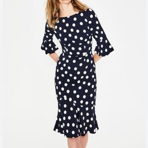 Blue Polkadot 50s Vintage Style Mermaid Silhouette 3/4 Sleeve Midi Dress Small